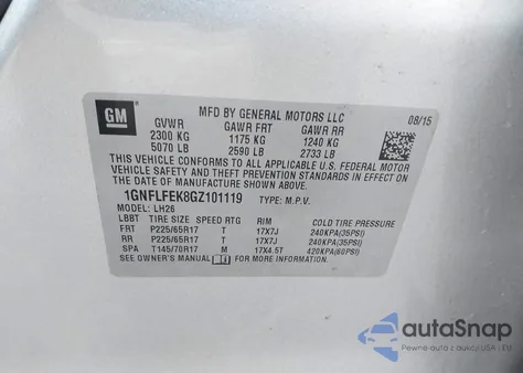 2016 Chevrolet Equinox Lt z USA, uszkodzony, nr VIN 1GNFLFEK8GZ101119